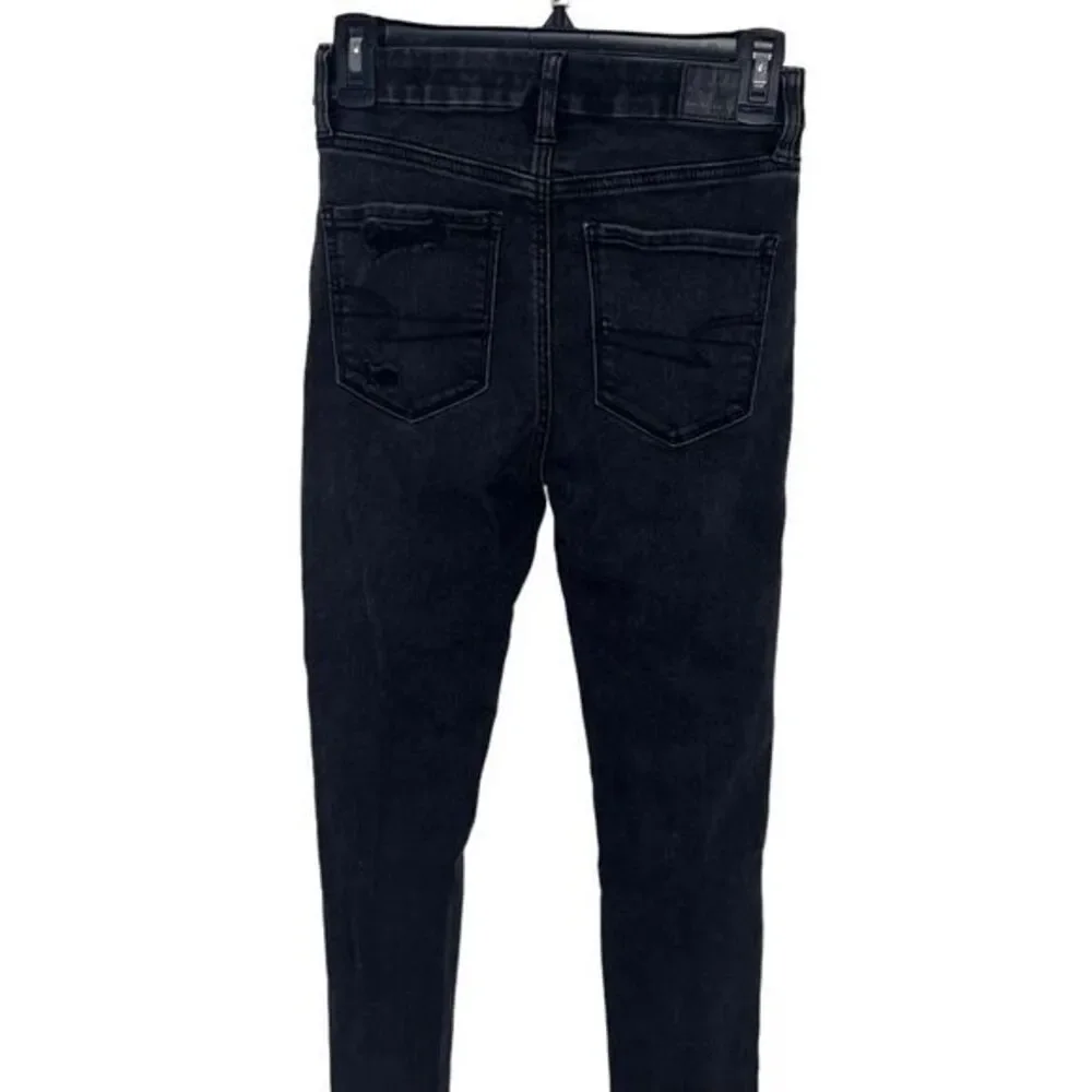 American Eagle Woman's Distressed Super Hi Rise Jegging Black Denim Jeans Size 2